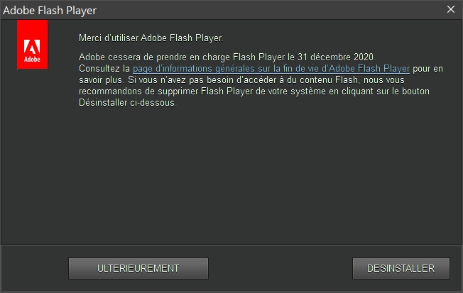 Capture du message de fin de support de Flash