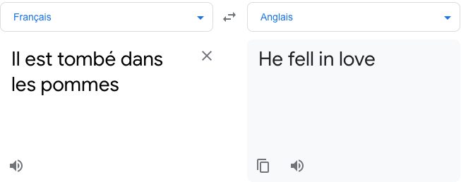 Google Translate traduit "tomber dans les pommes" par "tomber amoureux" en anglais
