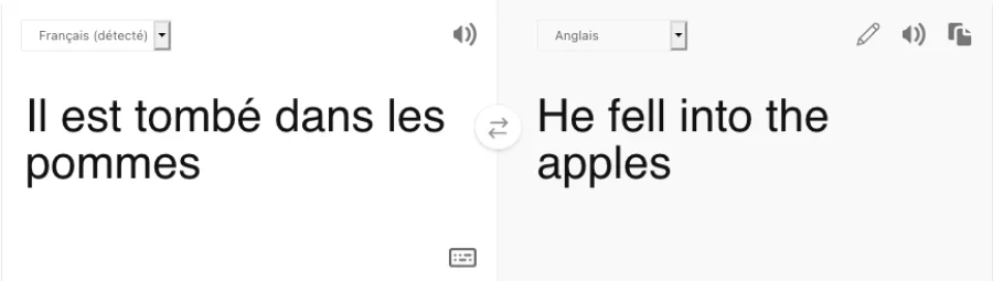Bing Translate traduit "tomber dans les pommes" litt&eacute;ralement en anglais